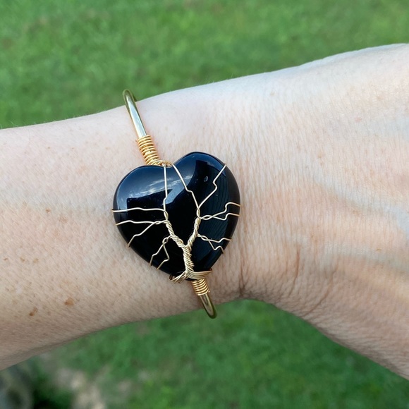 Genuine Black Onyx gemstone Heart Bracelet tree of life wire wrapped bracelet - Picture 9 of 12